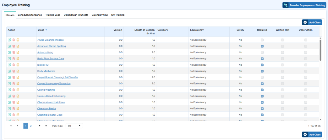 Training Module Session Flow Tabular Column Employee Training Module – Classes Tab